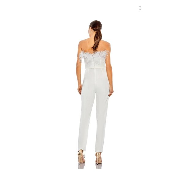 Mac Duggal Strapless Jumpsuit With Feather Trim Size 2 White Crepe Polyester Sle - Picture 4 of 10